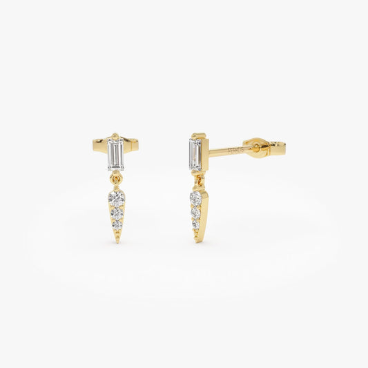 Gold Dangle Spike Earring, 14K Diamond Spike Earrings, Baguette Drop Studs, Push Back Baguette and Round Diamond Earring