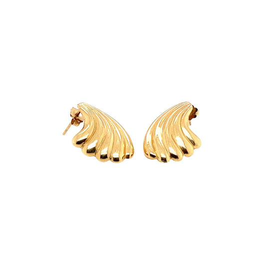 14K Yellow Gold Post Earrings, Yellow Gold Scalloped Earrings, Vintage 14K Gold Earrings, Drop Ribbed Gold Earrings, Elegant Gold Earrings