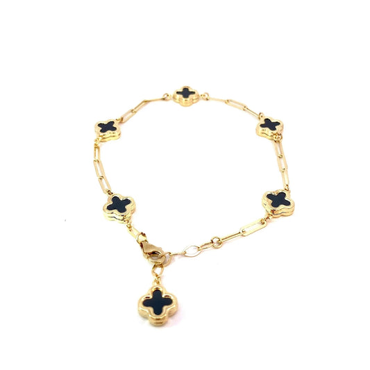 Link Bracelet/14K Solid Yellow Gold Clover Paperclip Bracelet/Yellow Gold Flower Bracelet/Trendy Yellow Gold Paperclip Bracelet